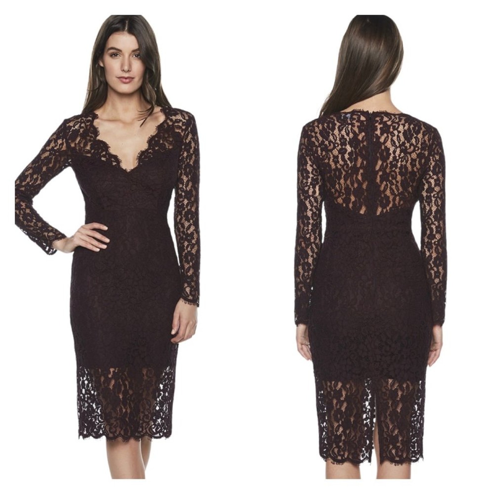 Bardot Floral Lace Long Sleeve Midi Dress Plunge Neckline In Wine Size Small Nwt